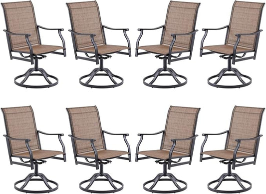 Patio Swivel Chairs Set of 8, Outdoor Dining Chairs with Textilene, Swivel & Rocker Metal Outdoor Patio Dining Chairs All-Weather for Backyard, Brown Fabric with Black Frame