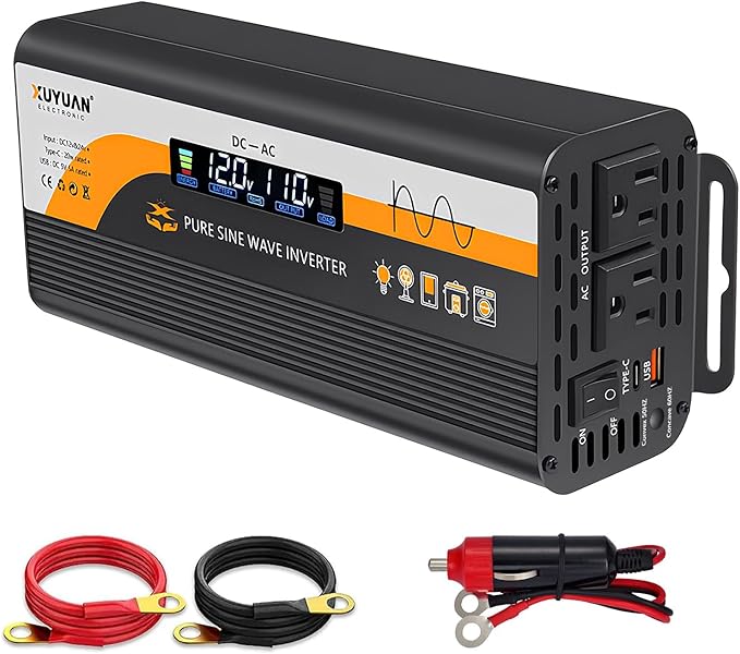 500W Pure Sine Wave Inverter (1000W Peak), 12V/24V Auto-Detect, 50Hz/60Hz Switchable, LCD Display, Type-C Fast Charging, Silent Design, Overload & Overheat Protection for RV, Home (Black-500W)