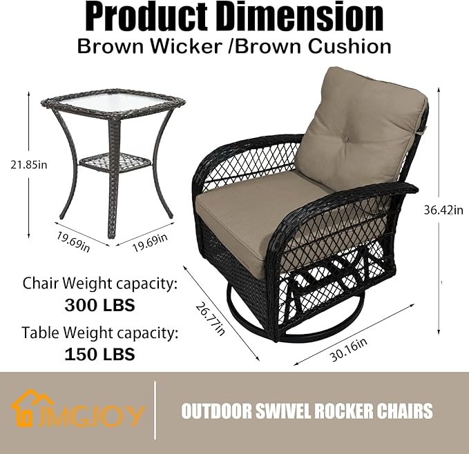 Patio Furniture Set Swivel Rocker, Outdoor Patio Chairs, 3 Piece Suit Porch Furniture Rocking Set, Backyard and Garden Rocker Rattan Chair, with Thickened Cushions and Glass Coffee Table(Brown)