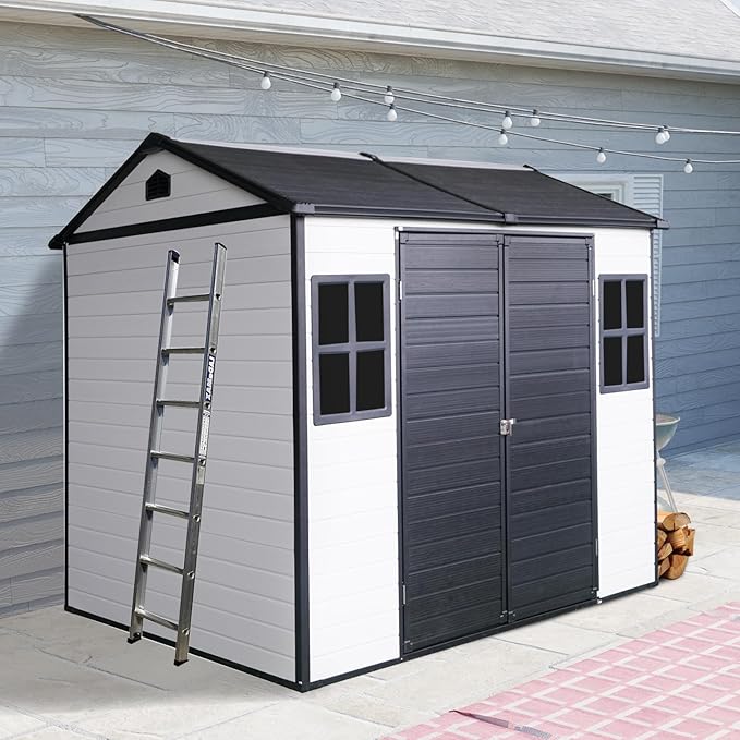 8x6 FT Resin Outdoor Storage Shed with Floor, Windows & Lockable Doors Waterproof All-Weather Garden Shed for Backyard, Patio, and Lawn Equipment Storage, White