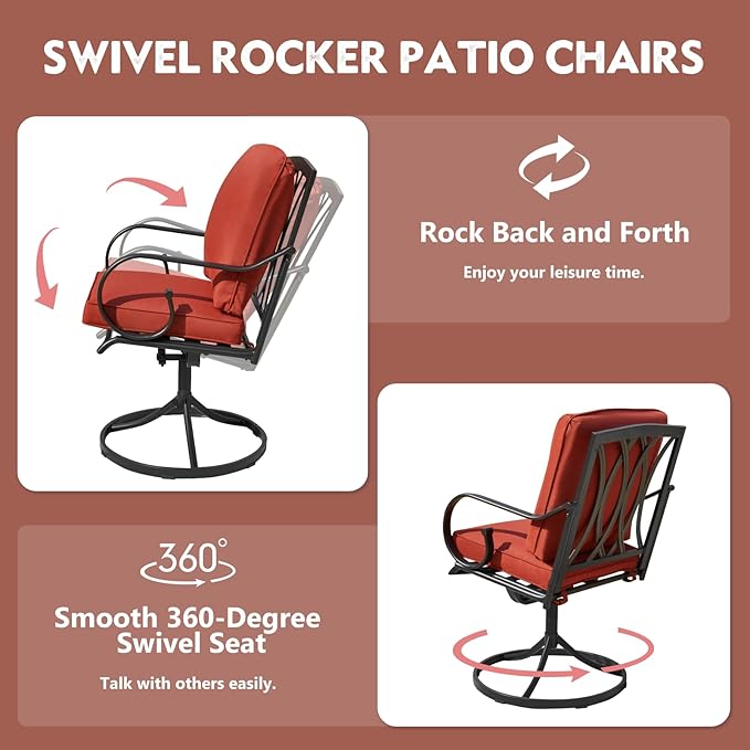 MELLCOM Patio Swivel Chairs Set of 2, Heavy Duty Outdoor Dining Chairs with Thickened Cushions, Metal Patio Chairs Gentle Rocker for Outside, Backyard, Red