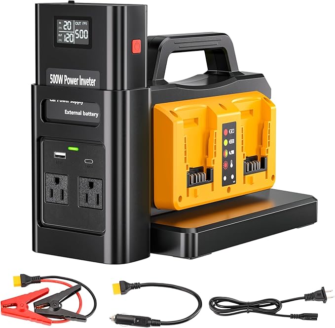 500W Pure Sine Wave Power Inverter for DeWalt 20V Battery, 4-Ports DC 20V to AC(2 Outlets) 120V Car Charger Plug Inverter Adapter Converter for Camping, Travel,Emergencies(Tool Only)