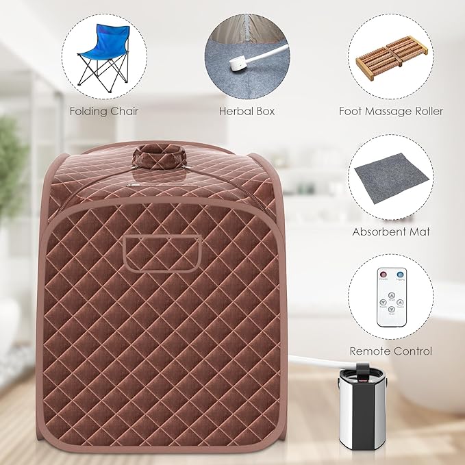 COSTWAY Portable Steam Sauna, 3L Foldable Sauna Spa with Remote Control, 9-Gear Temperature and Timer, Atomization Function, Personal Sauna Tent for Relaxation at Home (Coffee)