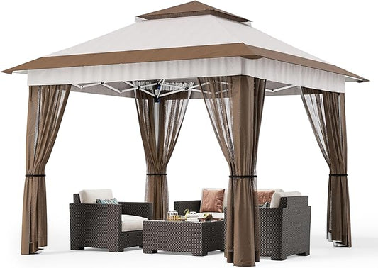 Bealife 11x11 Pop Up Gazebo Tent with Mosquito Netting, Outoor Canopy Tent with 4 Sandbags, 8 Stakes, 4 Ropes, Roller Bag, Pop Up Canopy Tent for Lawn Backyard Garden Deck, Beige