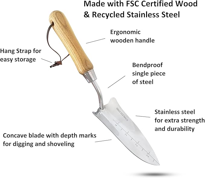 GARDEN GURU Eco Transplanter Trowel Shovel- 100% Recycled Stainless Steel - Rust Resistant - FSC Certified Wood Ergonomic Handle - Perfect Tool for Gardening Weeding Transplanting and Digging (4 Pack)