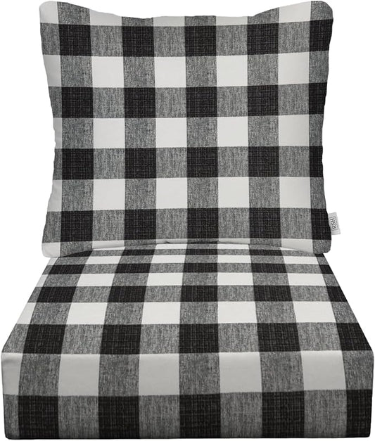 RSH DECOR: Deep Seating Cushion with Pillow Back | 24” x 27” Seat | All-Weather Spun Fabric | Water and Fade-Resistant | Outdoor Chair Cushion Set for Patio Furniture | Black Buffalo Plaid