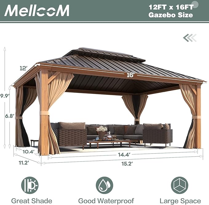 MELLCOM 12'x16' Wood Looking Hardtop Gazebo, Aluminum Frame and Galvanized Steel Double Roof, Metal Outdoor Gazebo with Curtains and Nettings for Deck Backyard and Patio
