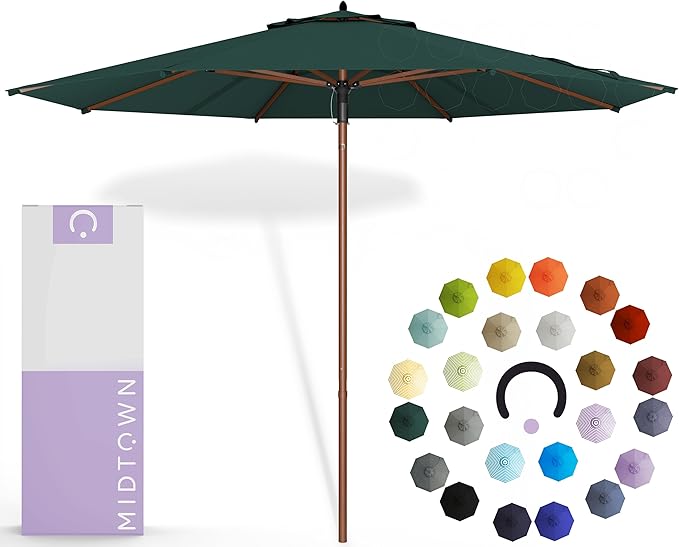 Midtown Umbrellas The Wooden 10 Feet Patio Umbrella With Terylast Forest (Dark Green) Polyester Fabric - Aluminum Frame Market Umbrella For Backyard, Deck, Garden, Pool - Wooden Pole