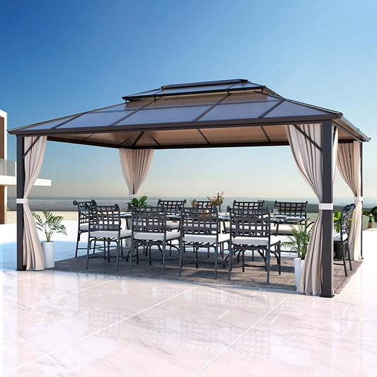 EROMMY 12'x16' Gazebo Polycarbonate Double Roof Pavilion Gazebo Outdoor Aluminum Frame Canopy with Netting and Curtains for Garden Patio Lawns Parties