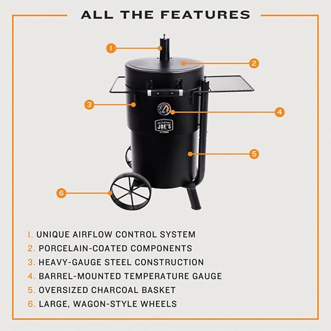 Char-Broil Oklahoma Joes Bronco Barrel Drum Smoker with Porcelain Coated Steel, Air Intake Channel, and 630 Square Inches Cooking Surface, Black