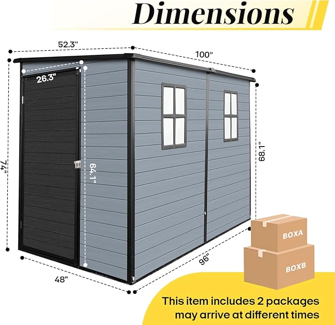 4x8 FT Lean to Shed with Floor, Resin Storage Shed & Outdoor Storage Clearance with 2 Windows, Backyard Storage Sheds for Garden Tools, Bicycle, Black+Grey