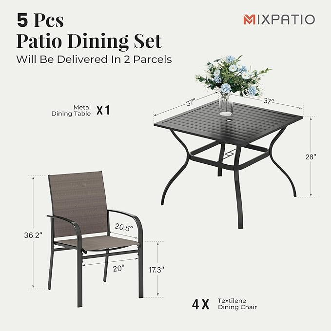5 Pieces Patio Table and Chairs Set, 4 Person Outdoor Dining Furniture Set, 4 Brown Textilene Chairs and 37" Square Metal Table with Umbrella Hole, for Deck Backyard Lawn