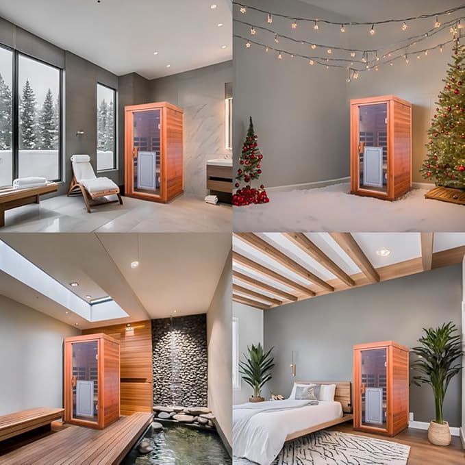 Red Cedar Infrared Sauna 1 Person Low EMF Far Infrared Saunas for Home, 1350 watt Indoor Personal Sauna Room with 2 Bluetooth Speakers, 1 LED Reading Lamp