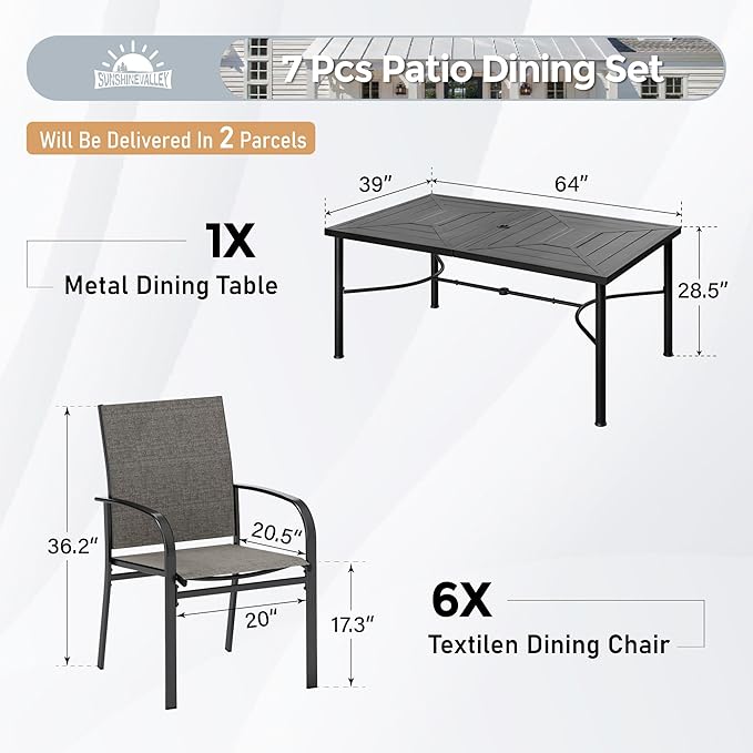 Patio Dining Set for 6, 64" Rectangular Metal Dining Table with Umbrella Hole and 6 Chairs, Outdoor Table and Chairs Set for Lawn Garden Backyard and Deck, Brown
