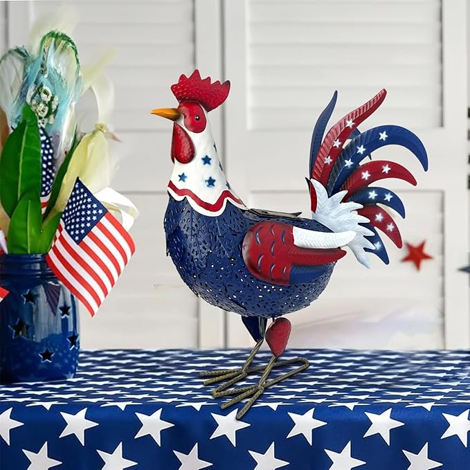 LIFFY Metal Rooster Yard Decor,18" Solar Powered Chicken Sculpture with Patriotic Flag, Weather-Resistant Garden Statue Outdoor for Garden, Patio, Lawn, Backyard