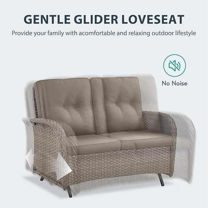6 Piece Patio Furniture Set - Wicker Patio Conversation Set with Swivel Glider, Glider Loveseat, Tempered Glass Side Table and 2 Ottomans for Deck Backyard - Grey Wicker Grey Cushion
