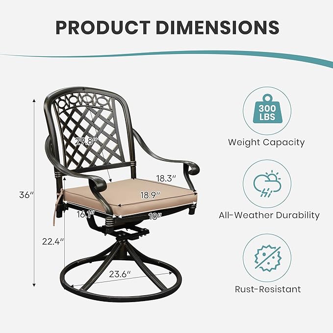 Set of 2 Cast Aluminum Patio Chairs with Cushions, All-Weather Aluminum Outdoor Swivel Chairs, Metal Outdoor Rocking Chairs for Backyard, Poolside and Bistro(Khaki, 2 Pieces)