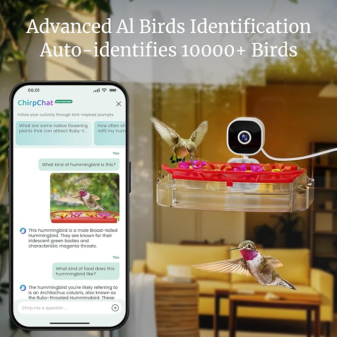 Smart Window Humming Bird Feeder Camera, AI Identifies Species in 2K HD, with Ant Moat & Secure Suction Mount - The Ultimate Gift for Hummingbird Lovers (Transparent)