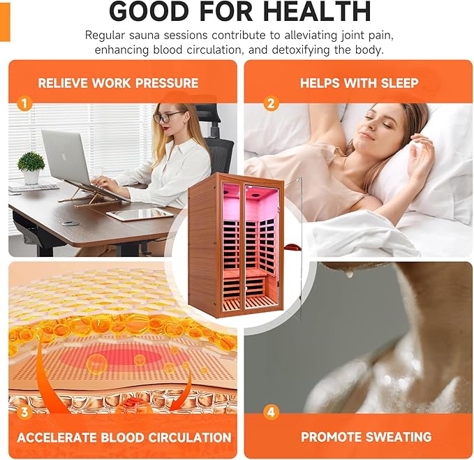 Far Infrared Sauna Home Sauna Spa Room for 1-2 Person Low-EMF Canadian Hemlock Wood 1550W Indoor Saunas with 7 Color Light 39.3 * 35.4 * 74.8Inch