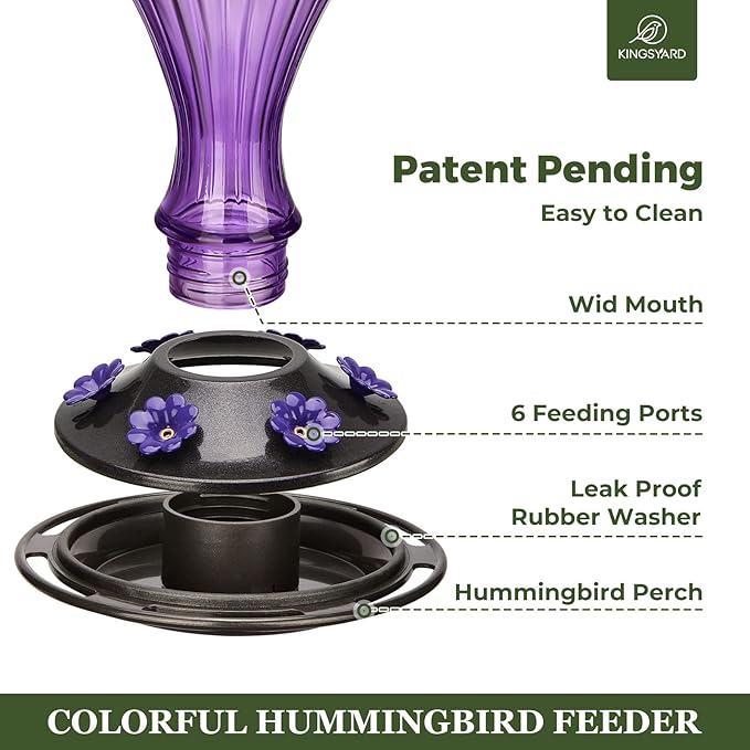 Kingsyard 2 Pack Glass Hummingbird Feeder 24 Ounces, 6 Feeding Ports, Hanging Bird Nectar Feeder for Outdoors Garden Yard Décor, Ant Moat Included, Purple