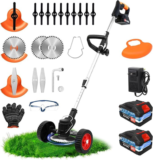 24V Electric Weed Wacker, Cordless String Trimmers with 2 Batteries & Charger, 3 in 1 Stringless Brush Cutter/Weed Eater/Edger/Lawn Mower with 3 Types Blade & Wheels for Garden and Yard Lawn