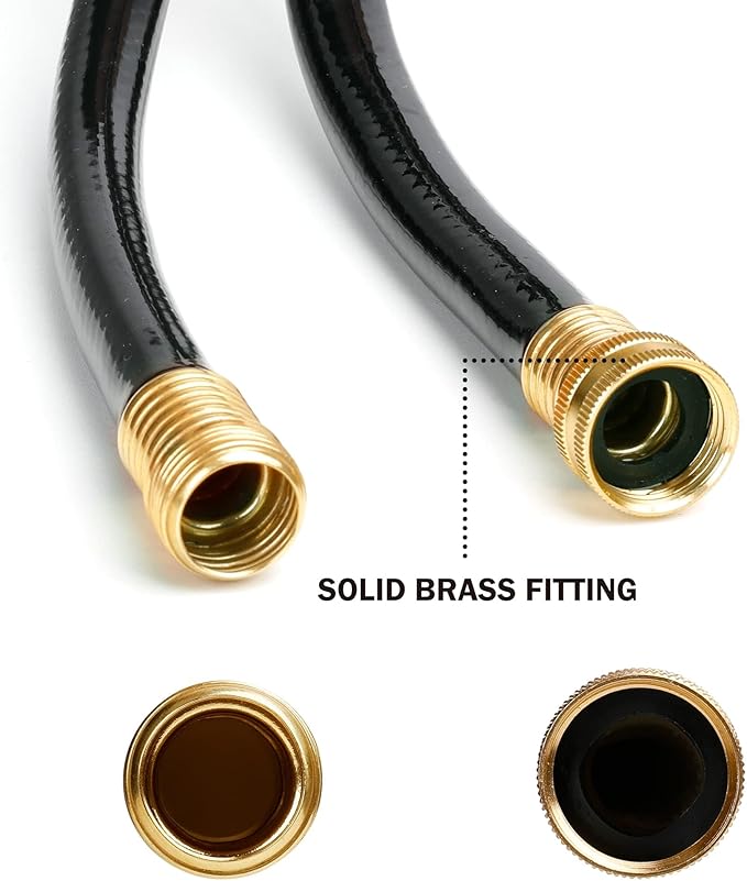 Worth Lead-in Black Garden Hose 3/4 in. x 25 ft. -Kink Free, No Leaking, Male/Female Fittings -Heavy Duty Durable Flexible Lightweight Water Pipe -Brass Aluminum Ends for Household & Commercial