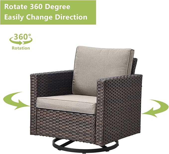 Rilyson Wicker Outdoor Patio Furniture Set - 5 Piece Patio Conversation Set with 2 Swivel Rocker Chairs,2 Rattan Ottoman and 1 Couch for Outside Porch Deck Backyard Garden(Brown/Grey)