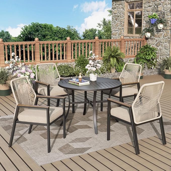 Patio Wicker Chair Sets of 2, Outdoor Dining Chairs with 3.1 inch Seat Cushions, Sturdy Metal Frame & Wood Grain Armrest, Beige