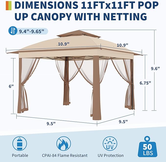 11x11 Pop Up Instant Gazebo Tent for Backyard, Pop Up Gazebo With Mosquito Netting, Outdoor Canopy Gazebos Waterproof With Portable Carrying Bag
