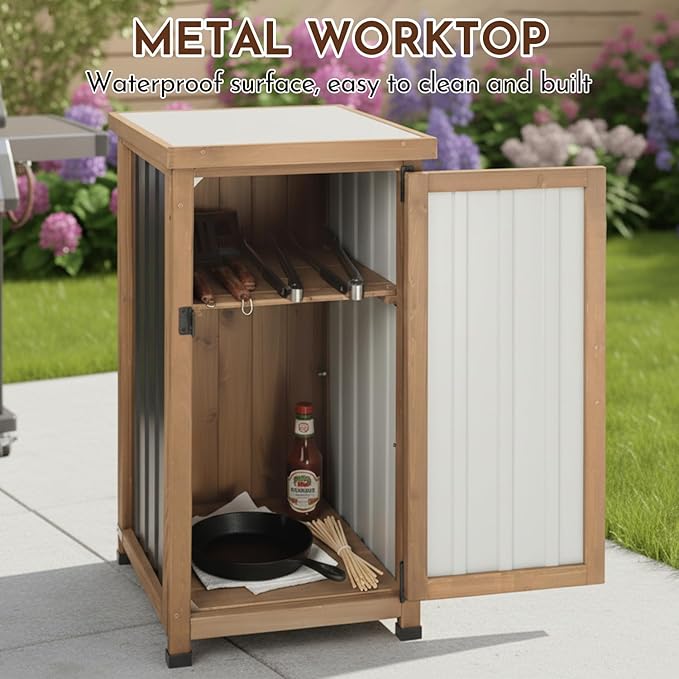 Outdoor Storage Cabinet with Metal Worktop, Fir Wood Frame & Adjustable Shelf, Weather-Resistant Garden Tool Organizer for Patio, Porch, Balcony, or Garage (18" L x 18" W x 33.5" H)