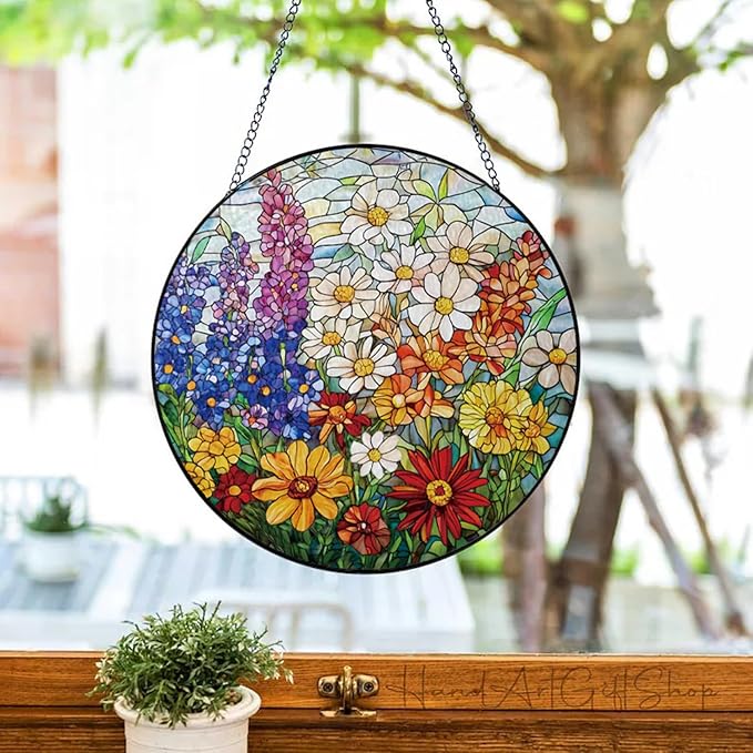 Colorful Wildflowers Suncatcher -7.9 in Stained Glass Window Hanging Sun Catcher Garden Decor