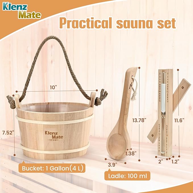 6 Pcs Sauna Accessories Kit, Bucket and Ladle Set, Thermo-Hygrometer, Sauna Hourglass, Brush, Exfoliating Volcanic Rocks, Sauna Set, Wooden Sauna Bucket, 1 Gallon (4 L) Water Capacity, Handmade