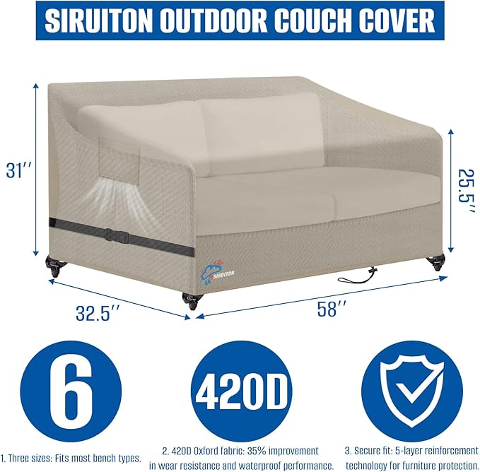 SIRUITON 2-Seat Garden Patio Sofa/Loveseat/Bench Cover 58" W x 32.5" D x 31" H,Heavy Duty 420D Oxford Waterproof Outdoor Sofa Cover, Lawn Patio Furniture Covers