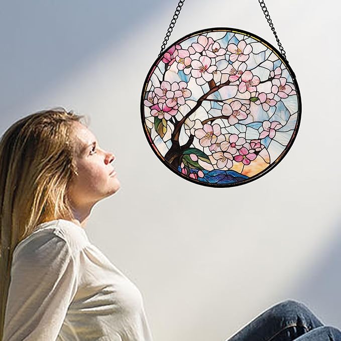 Stained Glass Window Hanging - Cherry Blossoms Suncatcher for Door Garden Home Decor Pink Flowers Sun Catcher Christmas Birthday for Friend Lovers Women Mom Nana 15 in