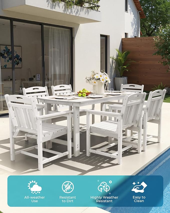 Ciokea HDPE Outdoor Dining Table with Umbrella Hole,66" Rectangle Patio Table for 6,All-Weather Outdoor Patio Furniture Set for Garden Backyard,White