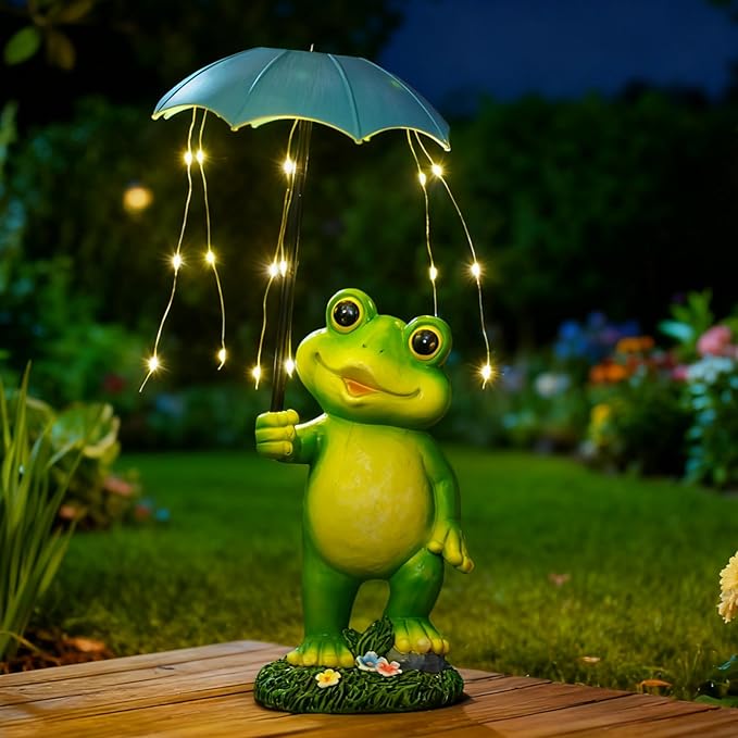 Solar Frog Garden Statue for Outside - Outdoor Decor Funny Hold Umbrella Lights for Lawn Yard Balcony Home : Best Garden Gifts for Mom