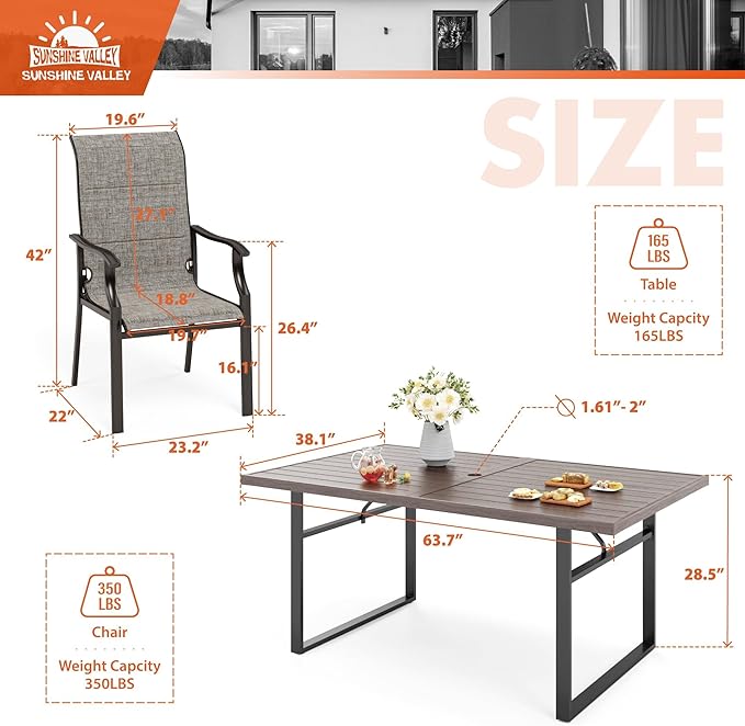 7 Piece Patio Dining Sets for 6, Outdoor Table and Chairs Set with 1 Patio Dining Table(1.61"-2" Hole) and 6 High Back Patio Chairs, Outdoor Dining Sets for Deck Backyard