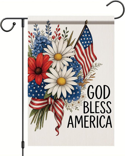 God Bless America Garden Flag 12x18 Inch Double Sided 4th of July Patriotic Flag Daisy Flower Yard Banner Outdoor Decoration for Memorial Independence Day Seasonal Holiday Home Decor
