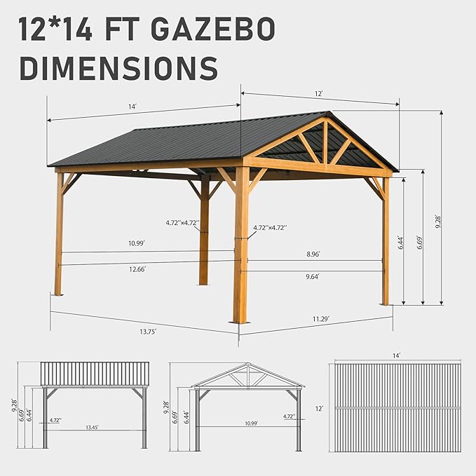 Domi 12' x 14' Hardtop Gazebo with Galvanized Steel Gable Roof, Pergola with Wood-Looking Aluminum Frame, Permanent Pavilion Outdoor Gazebo with Ceiling Hook for Deck Patio Lawn Yard Backyard Grill