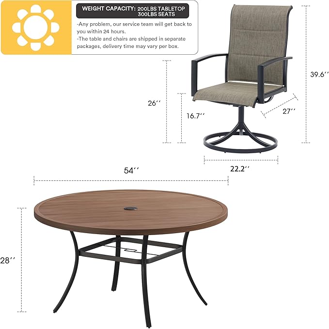 VICLLAX 7 Pieces Patio Dining Set for 6-53" Round Outdoor Table and Swivel Chairs for Lawn Garden, Walnut Tabletop and Mixed Brown Fabric