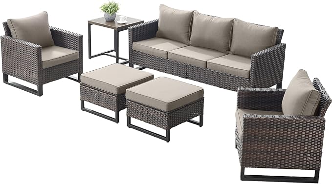 Rilyson Wicker Outdoor Patio Furniture Set - 6 Piece Patio Conversation Set with 2 Armrest Chairs,2 Rattan Ottoman,1 Couch and 1 Metal Side Table for Outside Porch Deck Backyard(Brown/Grey)