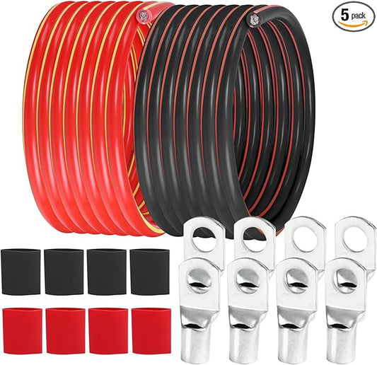 2 Gauge Battery Cable (12 Feet Black, 12 Feet Red) - 2 AWG Copper Clad Power Welding Wire with M8 & M10 SC Connector Lugs for Car, Camper, RV, Solar Low Voltage Inverter Wiring