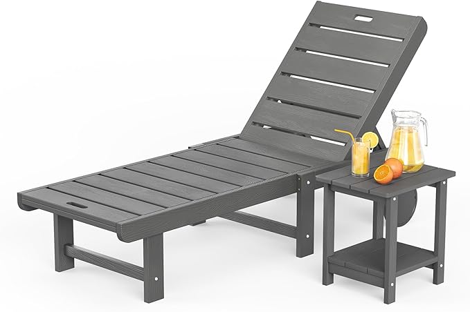 Outdoor Chaise Lounge Chairs with Table, 2-Piece, 26.8” Super Wide Lounge Chair Outdoor, HDPS Pool Chairs with 5 Positions, Patio Lounge Chair with Wheels for Pool,Lawn,Backyard, Dark Gray