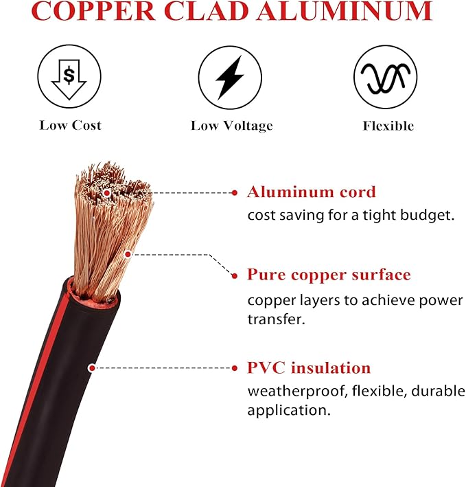 2 Gauge Battery Power Cable (Black, 12 Feet) - 2 AWG Automotive Welding Wire with M8 & M10 SC Lugs for Car, Camper, RV, Solar Low Voltage Wiring - Copper Clad Aluminum
