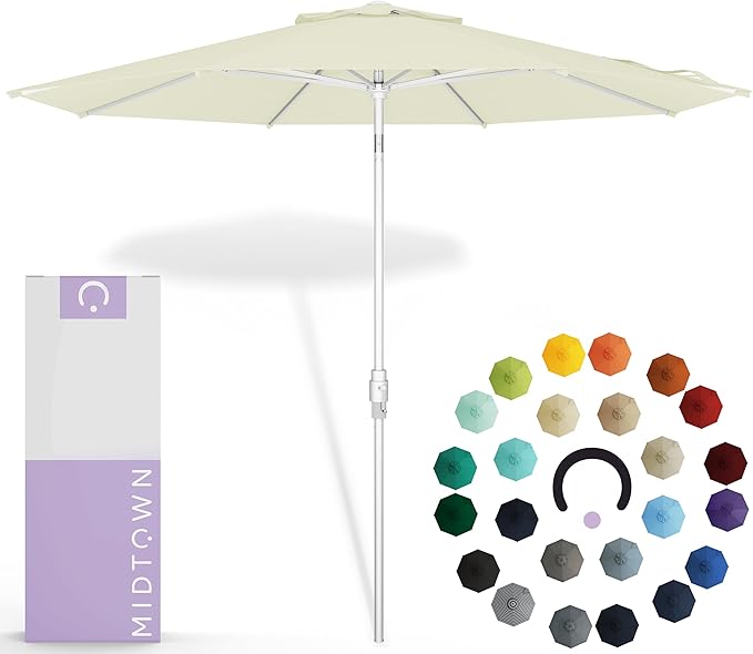 Midtown Umbrellas The Swilt 8 Feet Patio Umbrella in Sunbrella Canvas Natural Acrylic Fabric - Fiberglass Ribs, Auto-Tilt Aluminum Frame For Backyard, Deck, Garden, Pool - White Pole