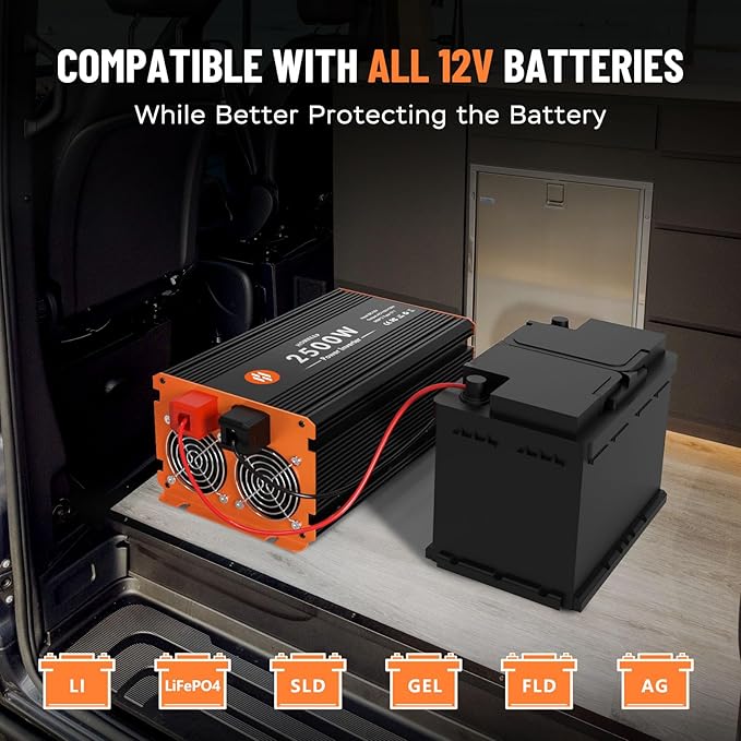 2500 Watt Power Inverter 12V DC to 110V/120V AC Converter Peak Power 5000W Car Inverter with LCD Display 3 AC Outlets, 2 USB & Type-C Port for RV,Truck,Off-Grid Solar System with Remote Controller