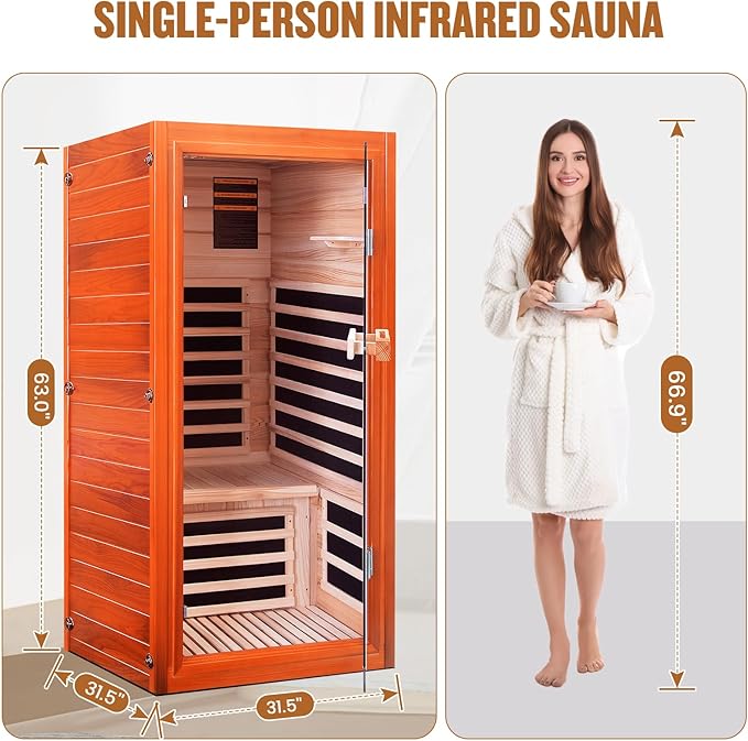 Sauna, Far Infrared Saunas for Home 1 Person Wooden Sauna 1065W/120V Low Emf Dry Sauna Indoor Sauna Room with Tempered Glass Door/Speakers/Air Hole and Colored Lighting - 31.5 * 31.5 * 63 in