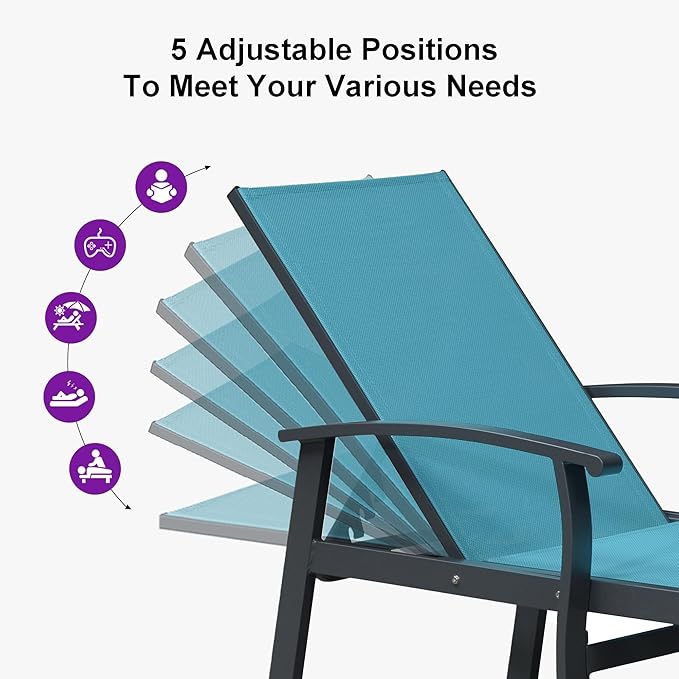 PURPLE LEAF Chaise Lounge Chair Outdoor 2 Pieces Pool Lounge Chairs 5 Adjustable Position with Armrests and Side Table Aluminum Patio Lounge Chair for Outside Backyard Beach Pool, Turquoise Blue