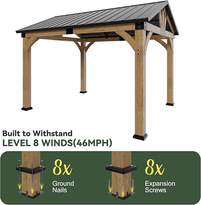 10x12 ft Wood Gazebo, Hardtop Gazebo with Galvanized Steel Peak Roof, Outdoor Pavilion for Snow Support, Wind Resistance, UV Protection, Shade for Garden, Patio, Deck