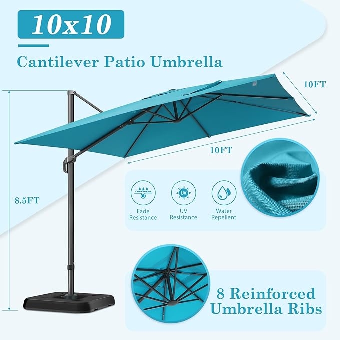 Hotime 10x10ft Large Cantilever Patio Umbrellas - Upgrade and Intensify - with 360 Rotation and 5 Angles Adjustment - Aluminum Offset Pool Umbrella Square Outdoor Umbrella for Patio Garden